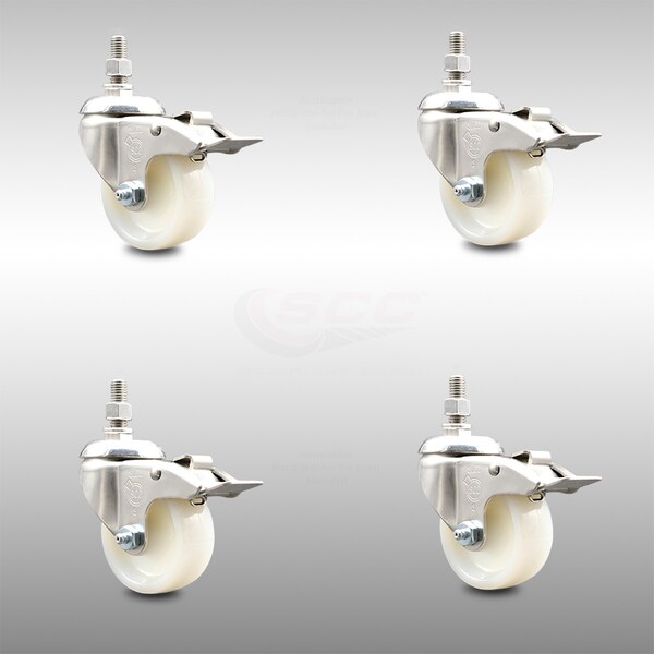 Service Caster 3 Inch 316SS Nylon Wheel Swivel 3/8 Inch Threaded Stem Caster Set Lock Brake SCC SCC-SS316TSTTL20S314-NYS-381615-4 - main